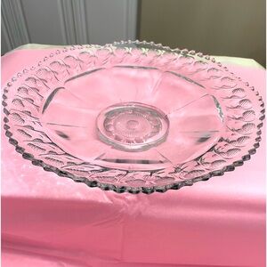 VERY PRETTY GLASS SERVING DISH WITH UNEVEN EDGES, AND A BERRY PATTERN